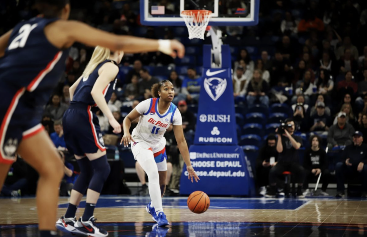 Sumer Lee dribbles down the court on Wednesday, Jan. 29, 2025, at Wintrust Arena. DePaul lost to UConn 84-58. 